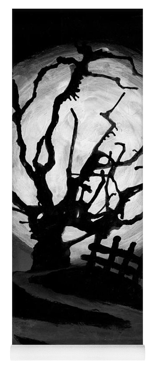 Wallpaper Buy Art Print Phone Case T-shirt Beautiful Duvet Case Pillow Tote Bags Shower Curtain Greeting Cards Mobile Phone Apple Android Nature Horror Black And White Halloween Creepy Festive Tree Nature Landscape Wildlife Moon Vampire Ghost Hunting Gothic Dark Scary Salman Ravish Khan Yoga Mat featuring the painting The Crooked Tree by Salman Ravish