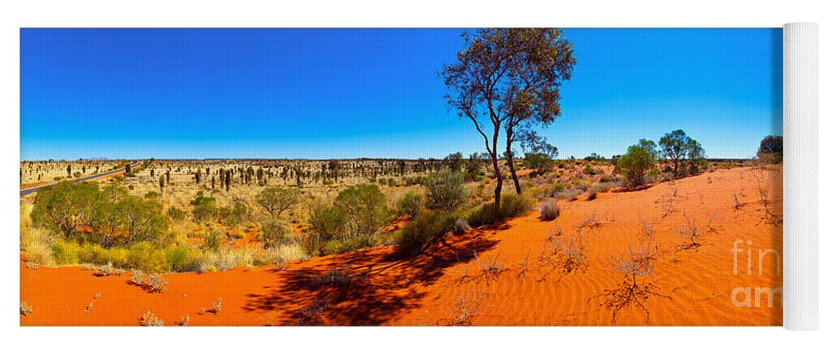 The Road To Uluru Outback Landscape Central Australia Australian Gum Tree Desert Arid Sand Dunes  Yoga Mat featuring the photograph The Road to Uluru by Bill Robinson
