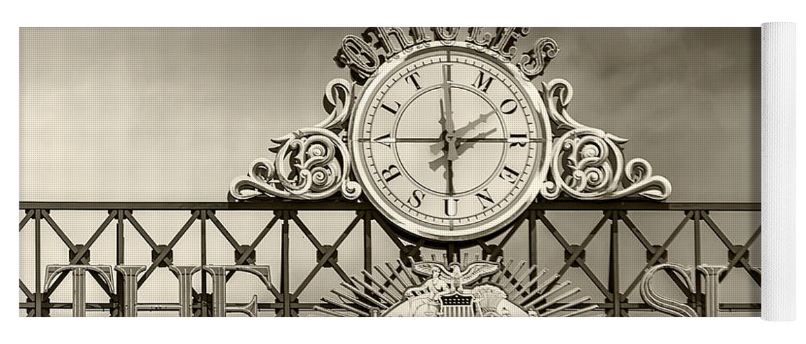 2d Yoga Mat featuring the photograph The Sun Orioles Clock - Sepia by Brian Wallace
