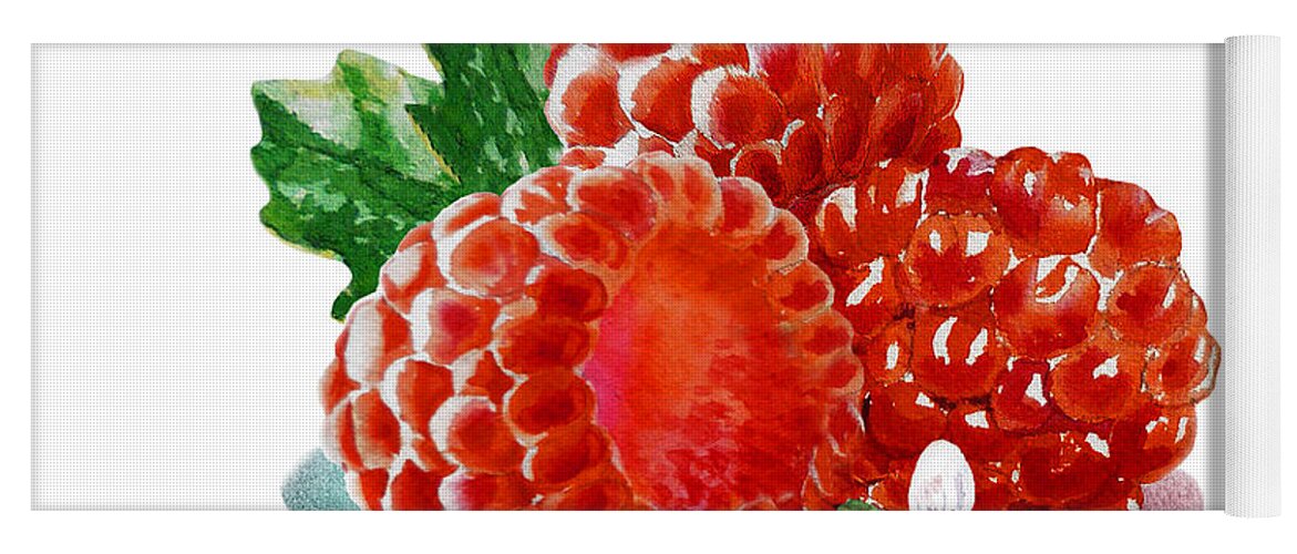Raspberry Yoga Mat featuring the painting Three Happy Raspberries by Irina Sztukowski