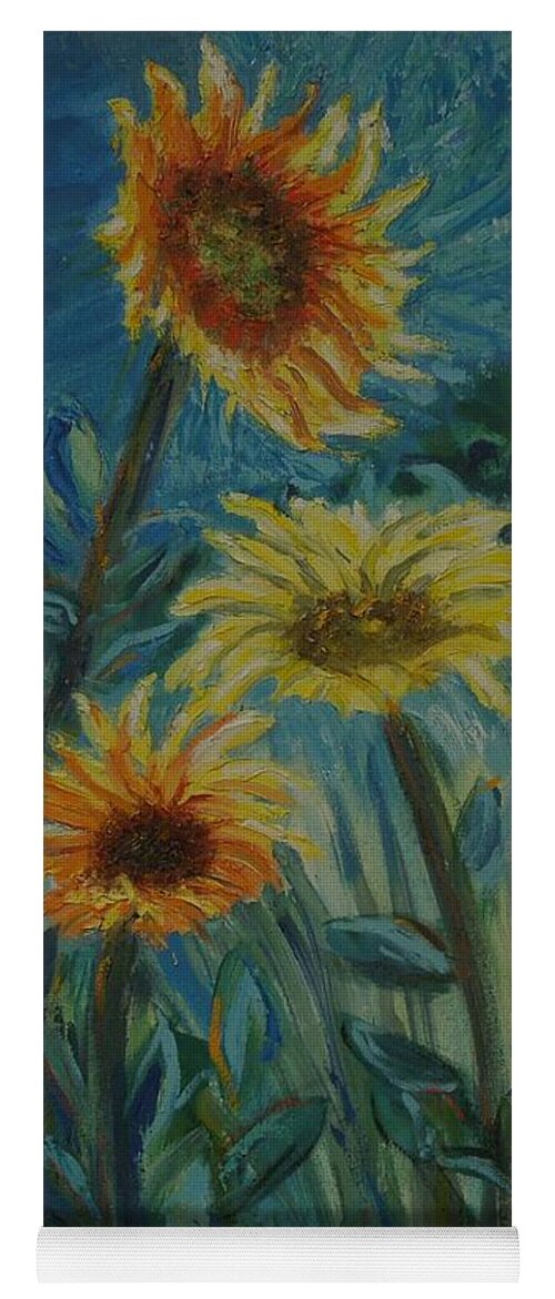 Flowers Yoga Mat featuring the painting Three Sunflowers - Sold by Judith Espinoza