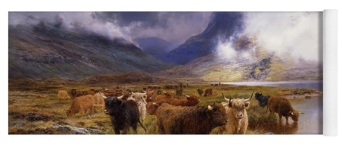 Cattle Yoga Mat featuring the painting Through Glencoe by Way to the Tay by Louis Bosworth Hurt