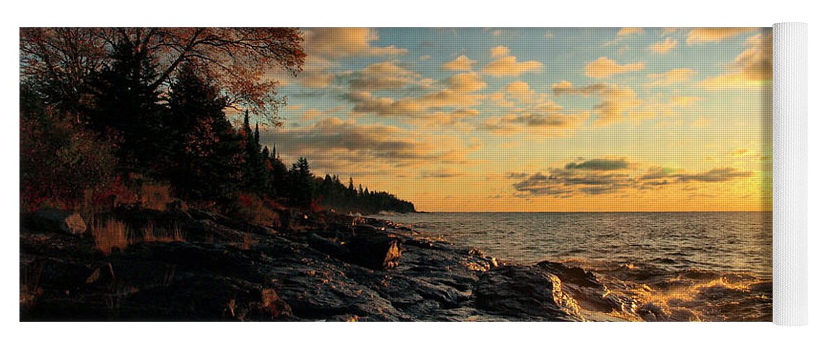 James Peterson Nature Photography North Shore Woods Lake Superior Great Lakes Landscape Landscapes Big Water Freshwater Dawn Morning Sun Sunshine Reflective Reflection Reflections Beautiful Stone Stones Rock Rocks Rocky Shore Shoreline Shorelines Orange Gold Golden Cloudy Cloud Clouds Weather Fall Autumn Color Colors Northern Mn Minnesota Sunrise Sunrises Tranquility Tranquil Peaceful Cascade River State Park Parks Lava Basalt Lodge Inland Sea Granite Geology Geological Gichigami Yoga Mat featuring the photograph Tranquility by James Peterson