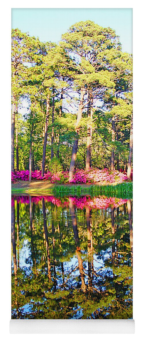 Trees Yoga Mat featuring the photograph Tree Reflections and Pink Flowers by the Blue Water by Jan Marvin Studios by Jan Marvin
