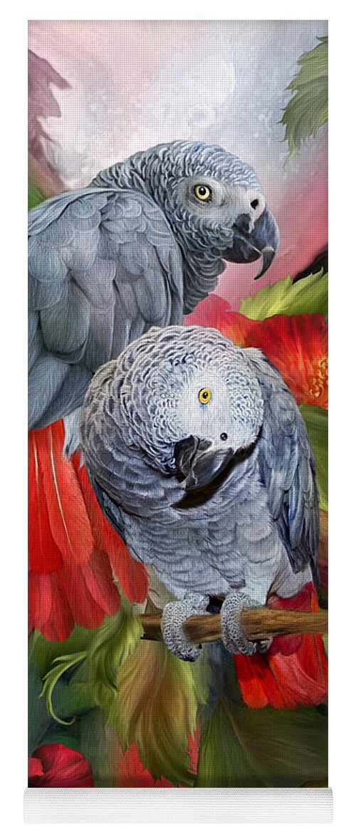 Parrot Yoga Mat featuring the mixed media Tropic Spirits - African Greys by Carol Cavalaris