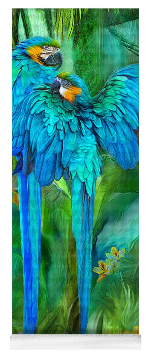 Macaw Yoga Mat featuring the mixed media Tropic Spirits - Gold and Blue Macaws by Carol Cavalaris
