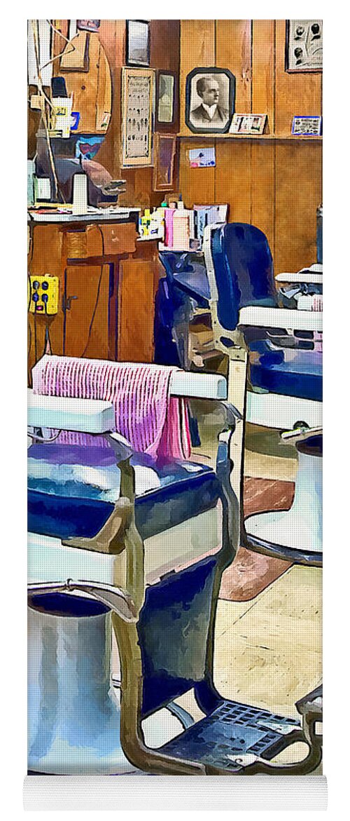 Barber Shop Yoga Mat featuring the photograph Two Barber Chairs With Pink Striped Barber Capes by Susan Savad