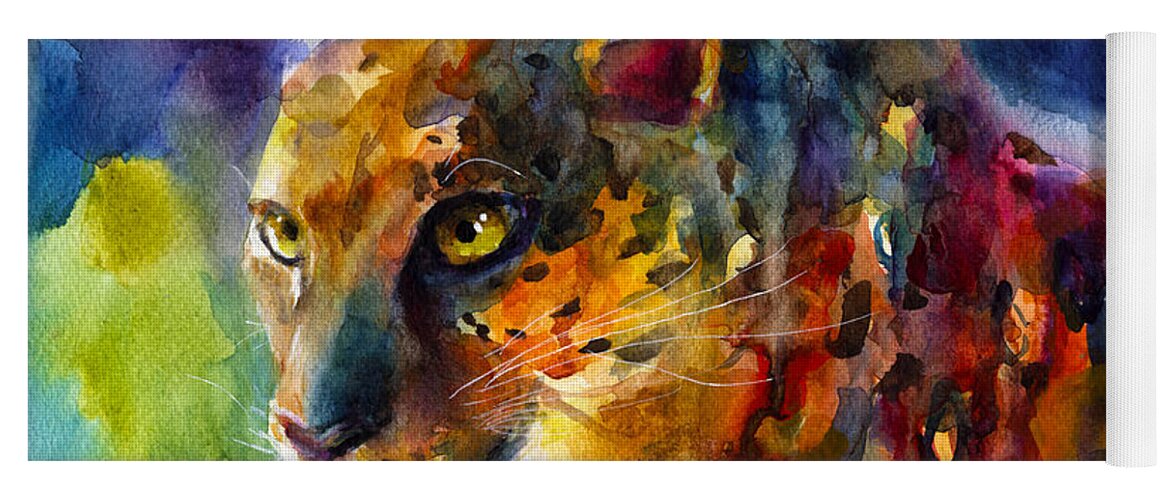 Leopard Yoga Mat featuring the painting Vibrant watercolor leopard wildlife painting by Svetlana Novikova