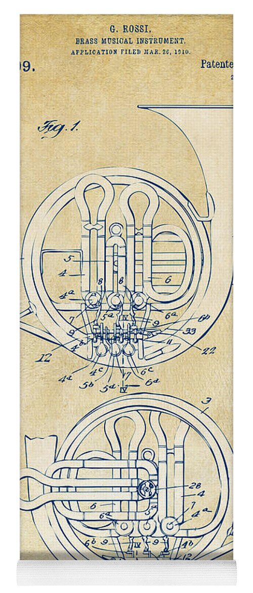 French Horn Yoga Mat featuring the digital art Vintage 1914 French Horn Patent Artwork by Nikki Marie Smith