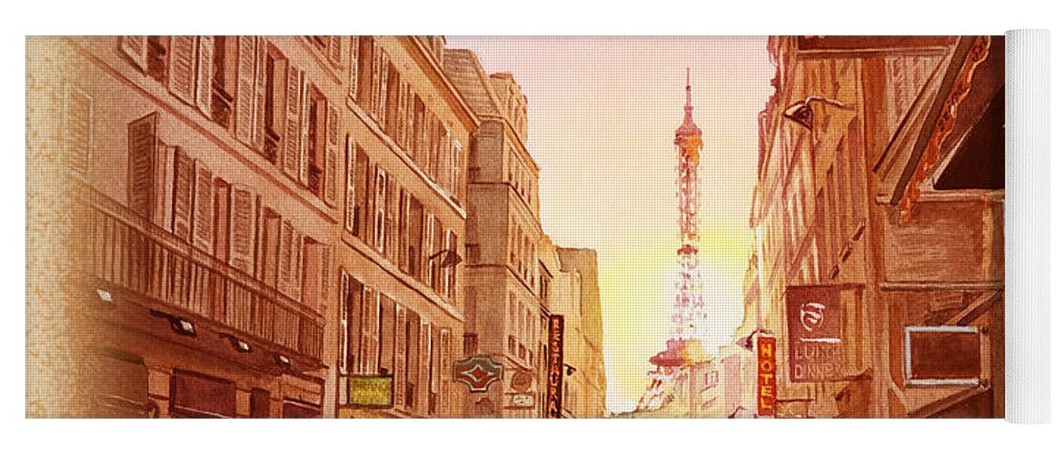 Vintage Yoga Mat featuring the painting Vintage Paris Street Eiffel Tower View by Irina Sztukowski