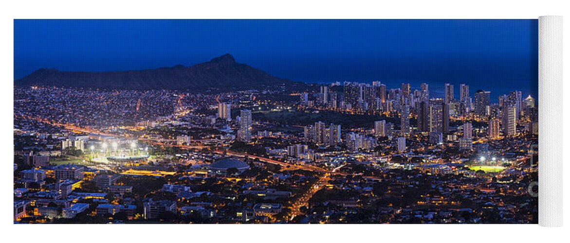 Waikiki Yoga Mat featuring the photograph Waikiki cityscape and Diamond Head dusk panorama by Ken Brown