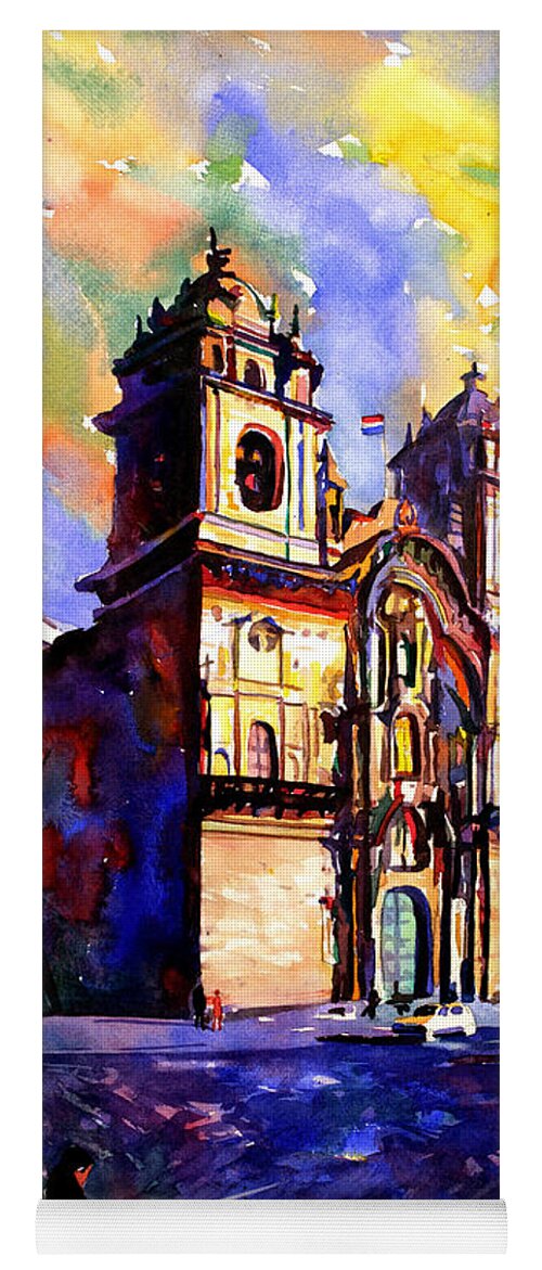  Yoga Mat featuring the painting Watercolor painting of Church on the Plaza de Armas Cusco Peru by Ryan Fox