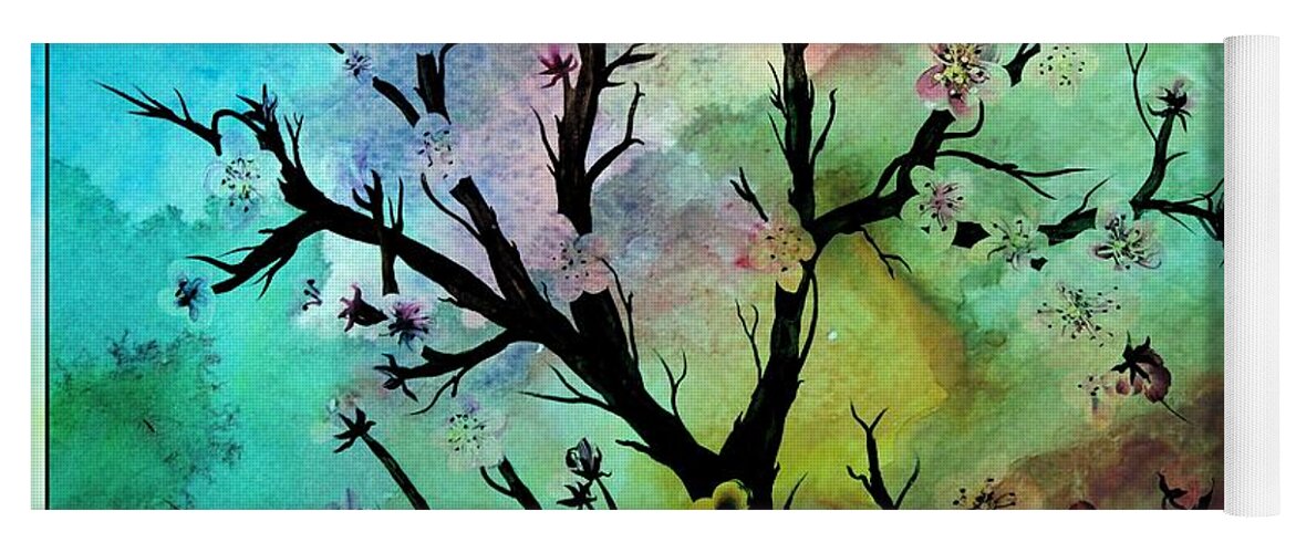 Watercolor Sky And Cherry Blossoms Yoga Mat featuring the painting Watercolor Sky and Cherry Blossoms by Barbara A Griffin
