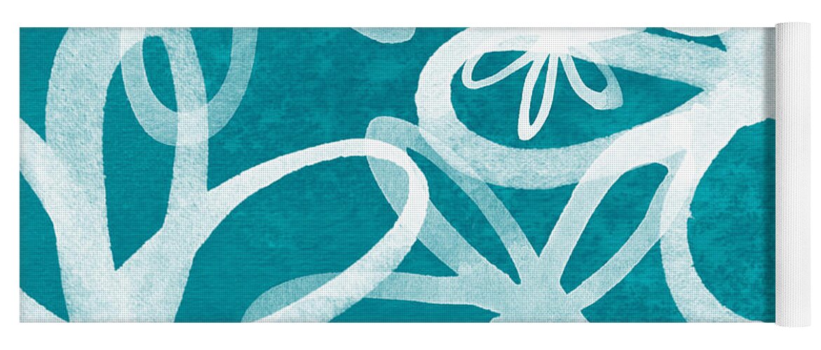 Large Abstract Floral Painting Yoga Mat featuring the painting Waterflowers- teal and white by Linda Woods