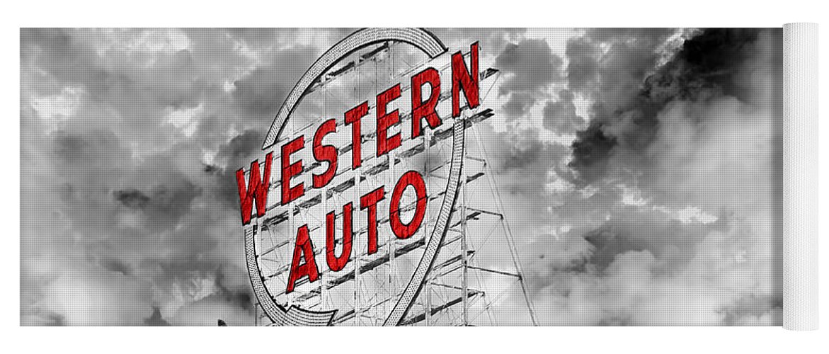 Western Auto Sign Yoga Mat featuring the photograph Western Auto Sign Downtown Kansas City B W by Andee Design