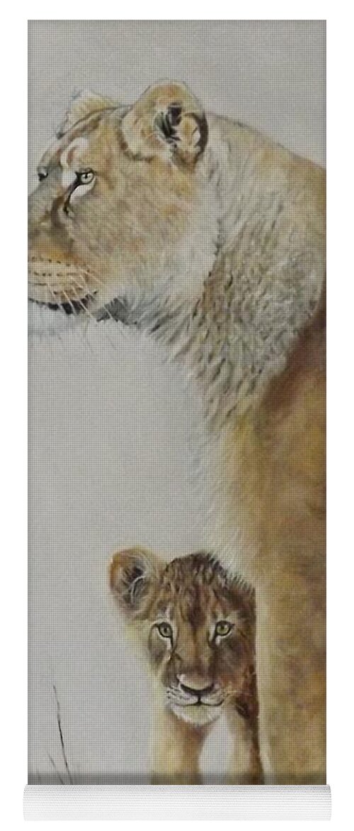 Lion. Lioness Yoga Mat featuring the painting What's Up Mum by Barry BLAKE