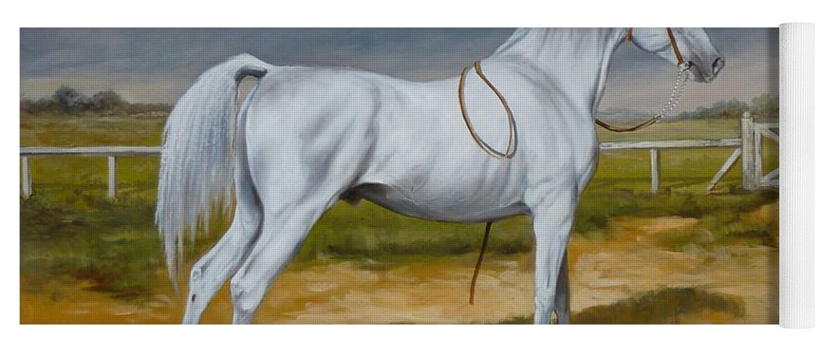 Horse Yoga Mat featuring the painting White arabian stallion by Irek Szelag