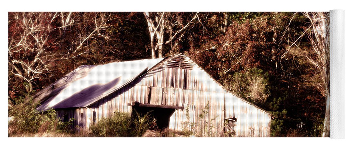 Hdr Photography Yoga Mat featuring the photograph White Barn in Autumn by Lesa Fine