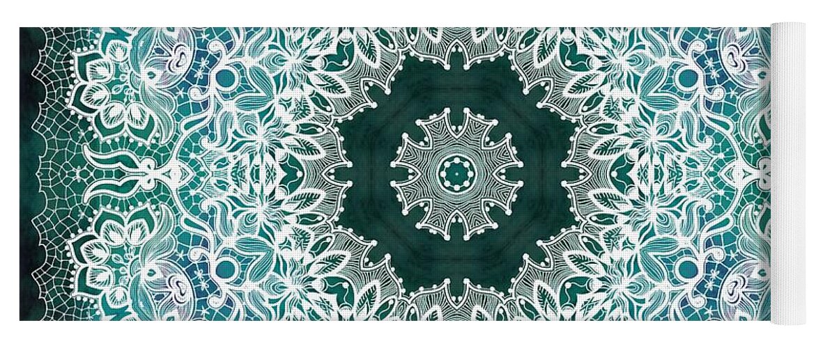 Pattern Yoga Mat featuring the digital art White Lace on Malachite background by Lilia S