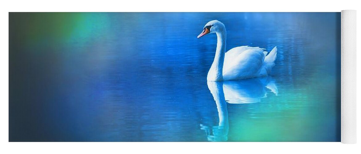 White Swan Yoga Mat featuring the digital art White Swan in blue fog by Lilia S