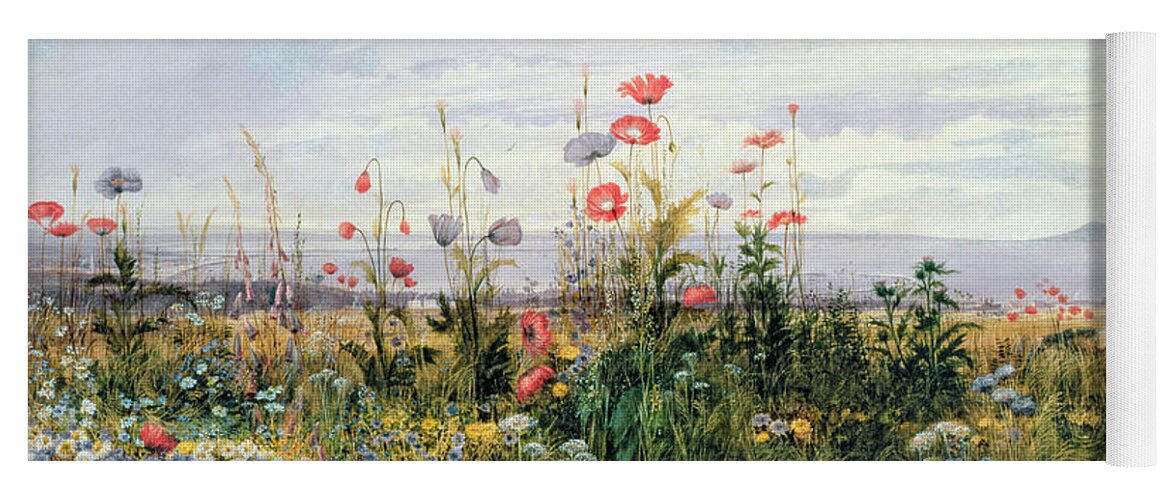 Meadow; Flowers; Irish; Wild; Landscape; Poppies Yoga Mat featuring the painting Wildflowers with a View of Dublin Dunleary by A Nicholl