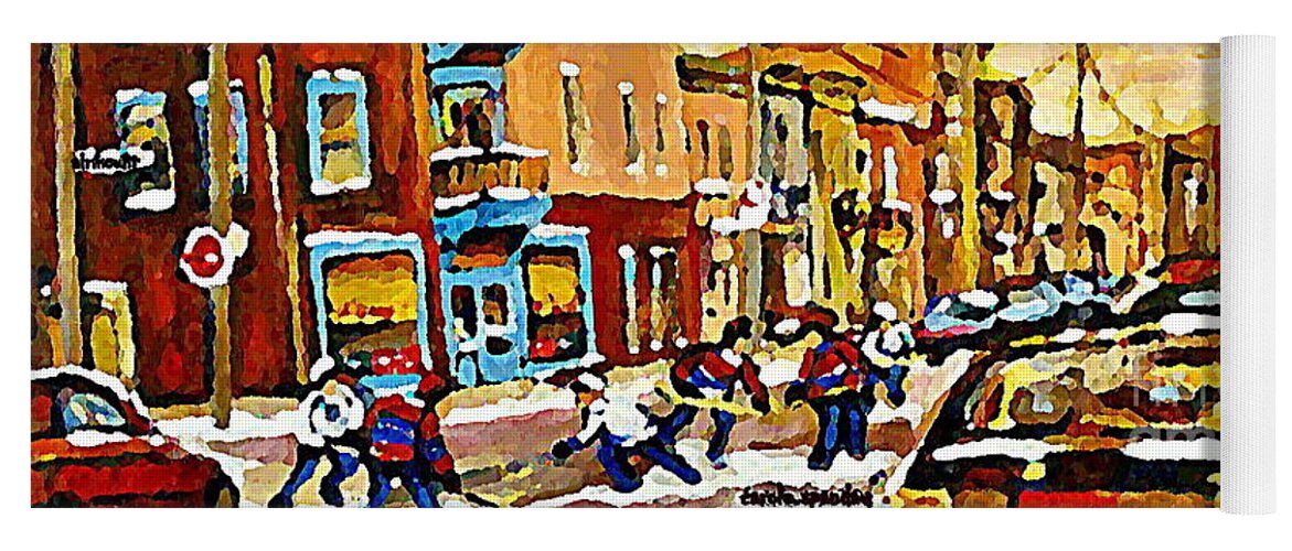 Montreal Yoga Mat featuring the painting Wilenskys Hockey Paintings Montreal Commissions Originals Prints Contact Artist Carole Spandau by Carole Spandau