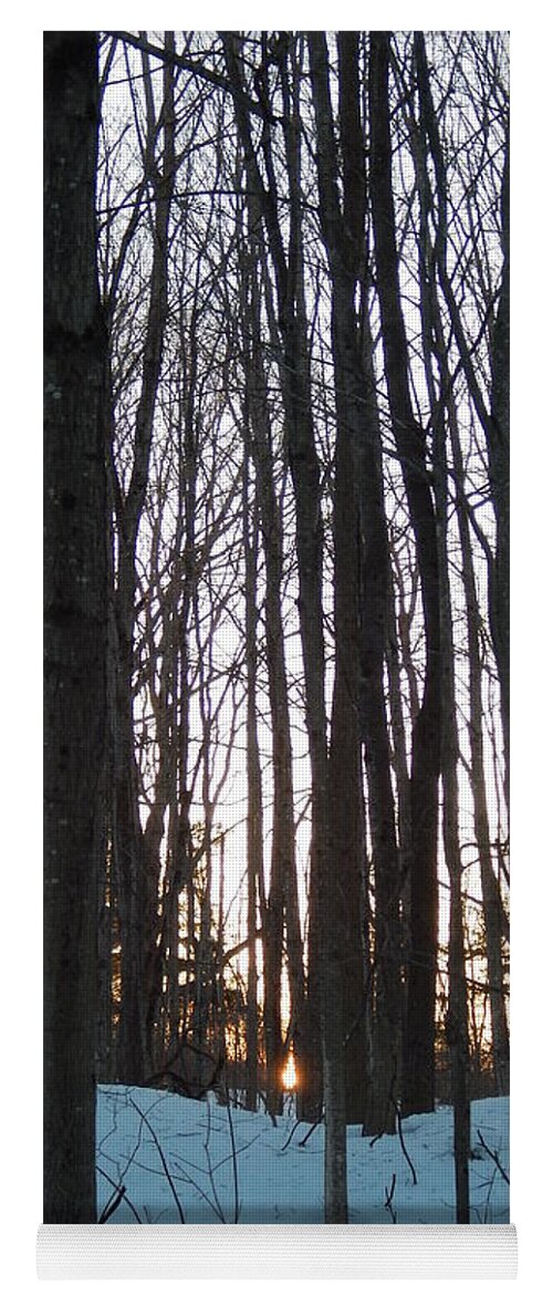 Winter Sun Sets In The Maine Woods Yoga Mat featuring the photograph Winter sun sets in the Maine woods by Priscilla Batzell Expressionist Art Studio Gallery