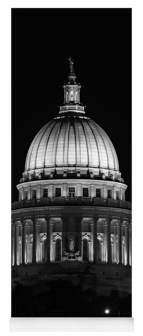 Architecture Yoga Mat featuring the photograph Wisconsin State Capitol Building at Night Black and White by Sebastian Musial