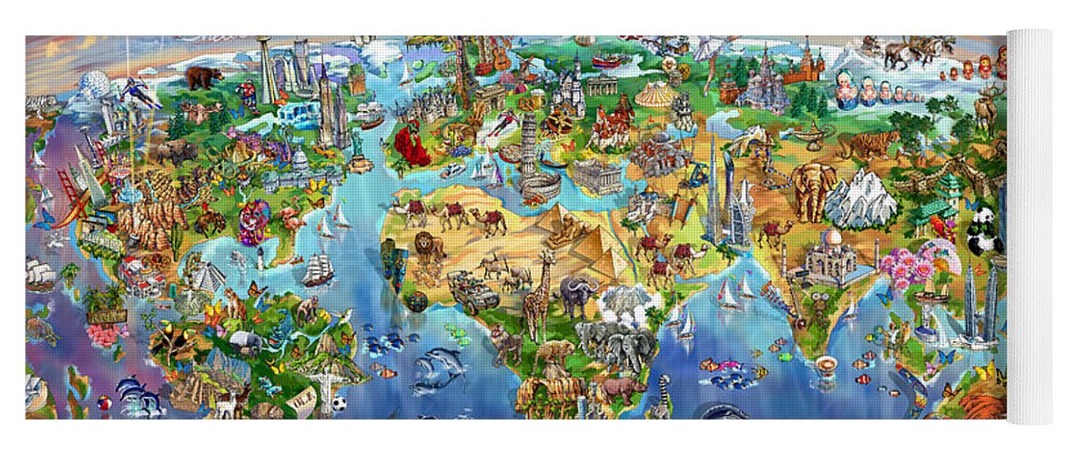 World Map Yoga Mat featuring the painting World Map of world wonders by Maria Rabinky
