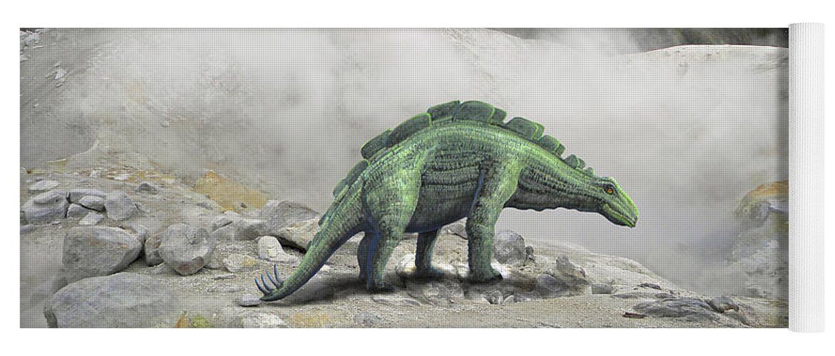 Dinosaur Art Yoga Mat featuring the mixed media Wuerhosaurus Near Volcanic Vent by Frank Wilson