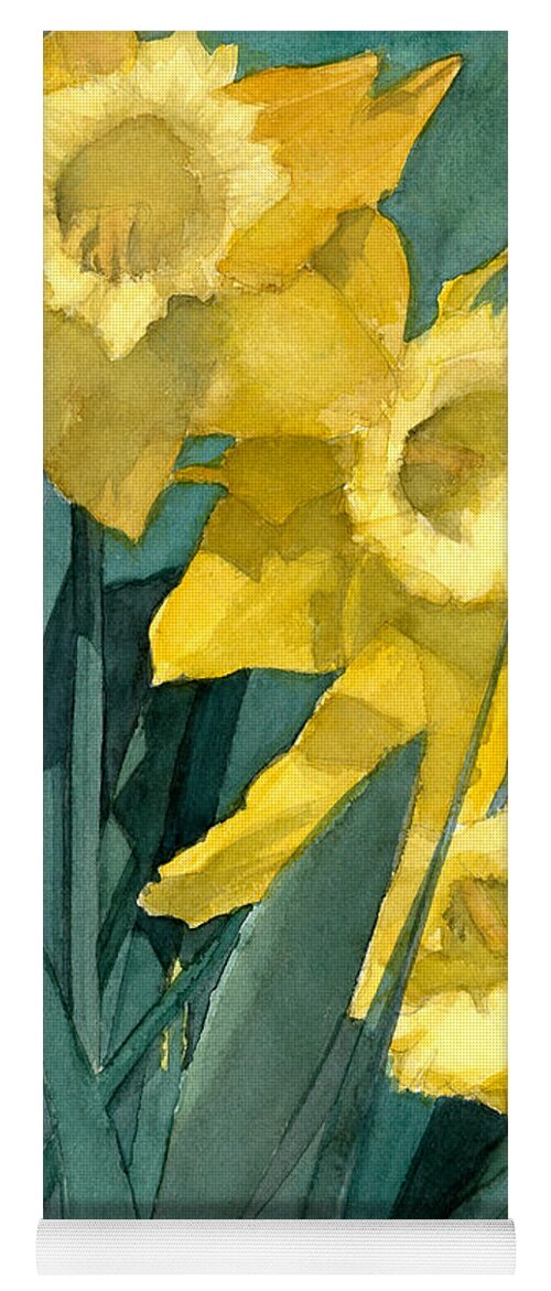 Watercolor Yoga Mat featuring the painting Watercolor Painting of Blooming Yellow Daffodils by Greta Corens