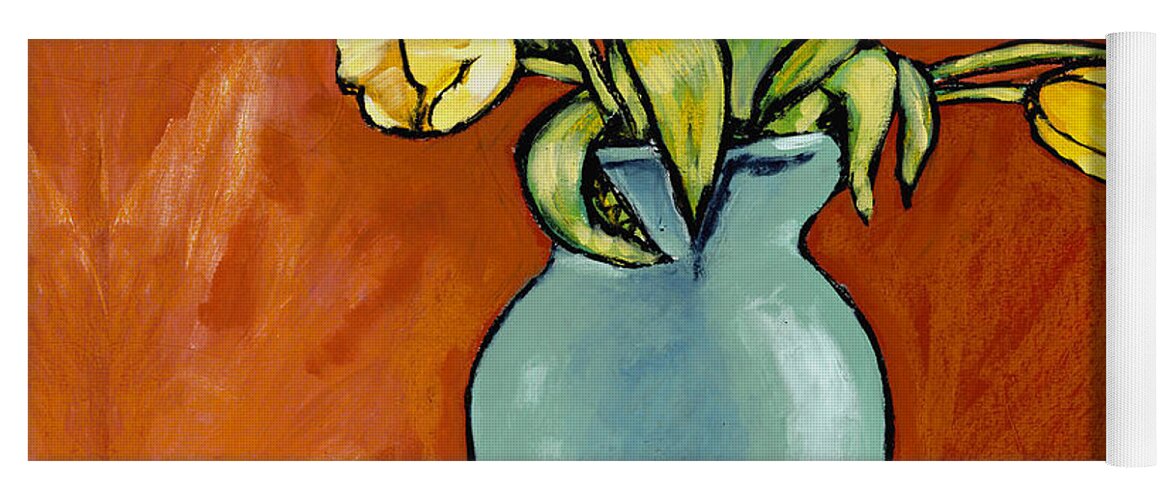 Flowers Yoga Mat featuring the painting Yellow Tulips In A Turquoise Vase by Dale Moses