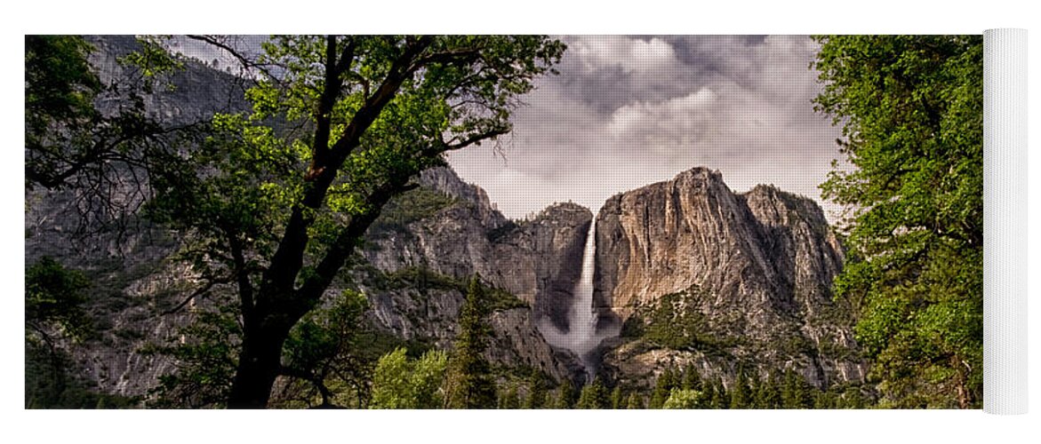 Water River Waterfall Mountains Yosemite National Park Sierra Nevada Landscape Scenic Nature California Sky Clouds Cloudy Day Yoga Mat featuring the photograph Yosemite Falls by Cat Connor