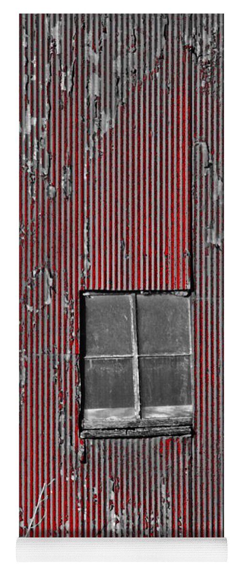 Maybee Yoga Mat featuring the photograph Zink rd Barn Window BW Red by Daniel Thompson