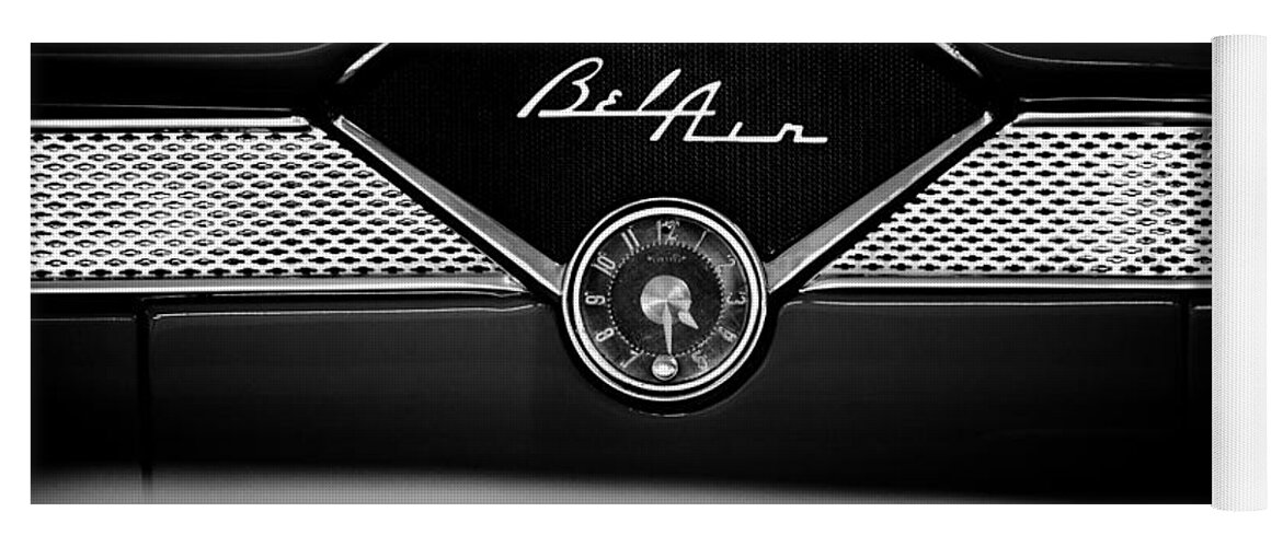 1955 Bel Air Yoga Mat featuring the photograph 1955 Chevy Bel Air Glow Compartment in Black and White by Sebastian Musial
