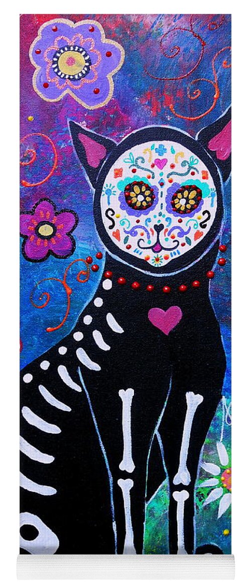 Cat Yoga Mat featuring the painting Cat Dia De Los Muertos #3 by Pristine Cartera Turkus