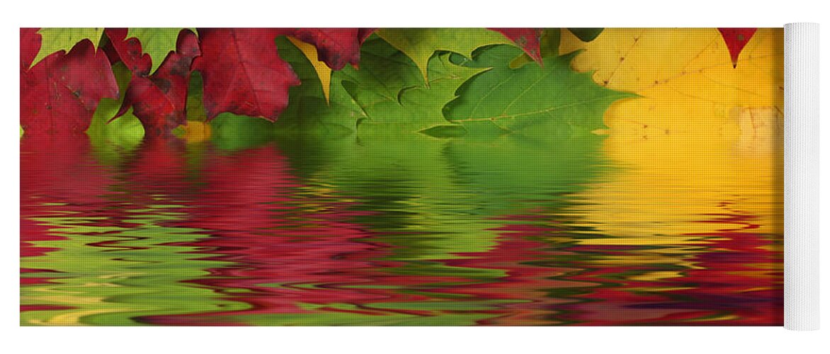 Leaves Yoga Mat featuring the photograph Autumn leaves in water with reflection by Simon Bratt