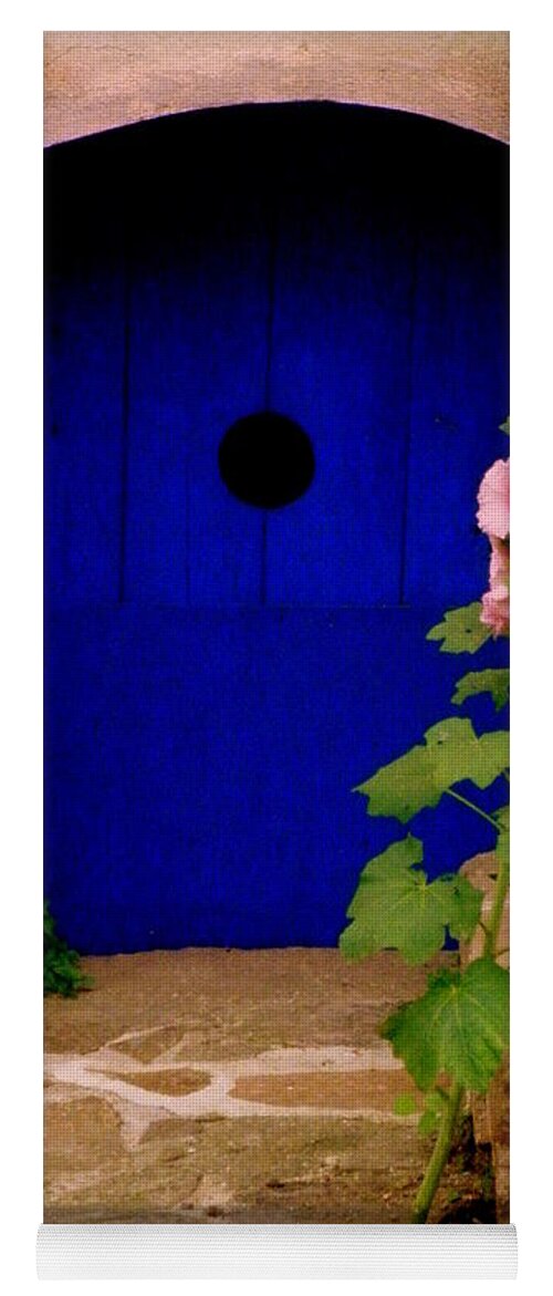 Door Yoga Mat featuring the photograph Blue Door and Pink Hollyhocks by Lainie Wrightson