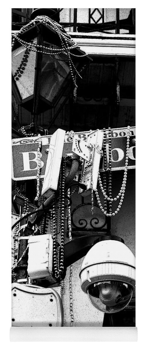New Orleans Yoga Mat featuring the digital art Bourbon Street Sign and Lamp Covered in Beads Black and White Ink Outlines Digital Art by Shawn O'Brien