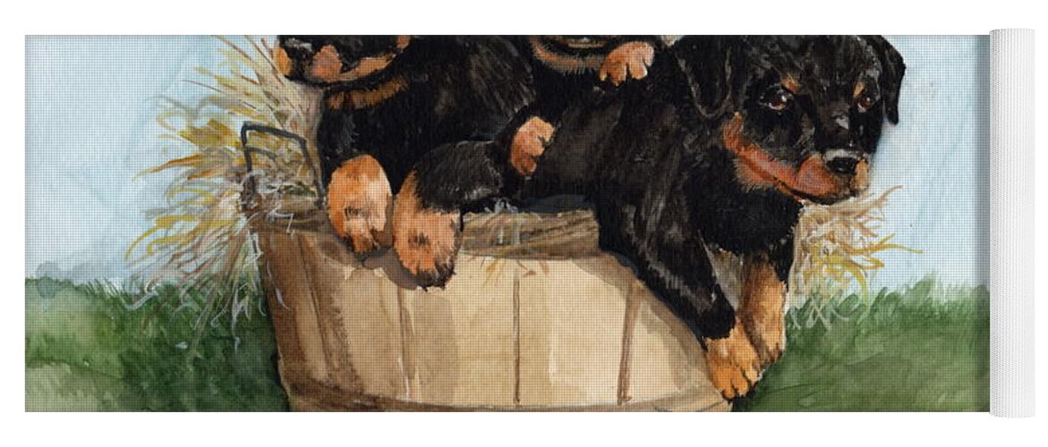 Rottweiler Dog Breed Yoga Mat featuring the painting Bushel of Rotty Pups by Nancy Patterson