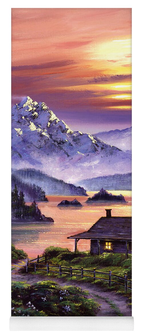 Landscape Yoga Mat featuring the painting Cabin On The Lake by David Lloyd Glover