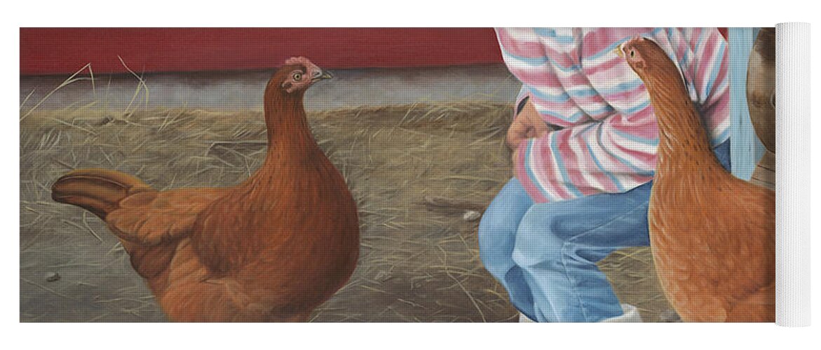 Girl And Chickens Yoga Mat featuring the painting Chicken Talk by Tammy Taylor