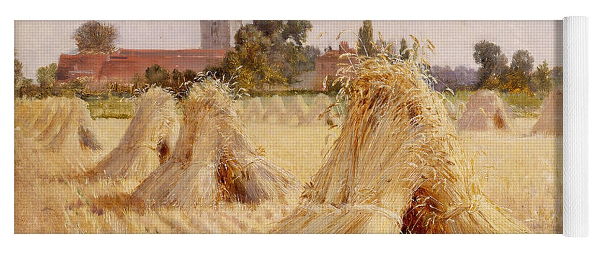 Corn Yoga Mat featuring the painting Corn Stooks by Bray Church by Heywood Hardy
