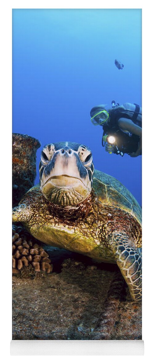 Active Yoga Mat featuring the photograph Diver and Green Sea Turtle by Dave Fleetham - Printscapes