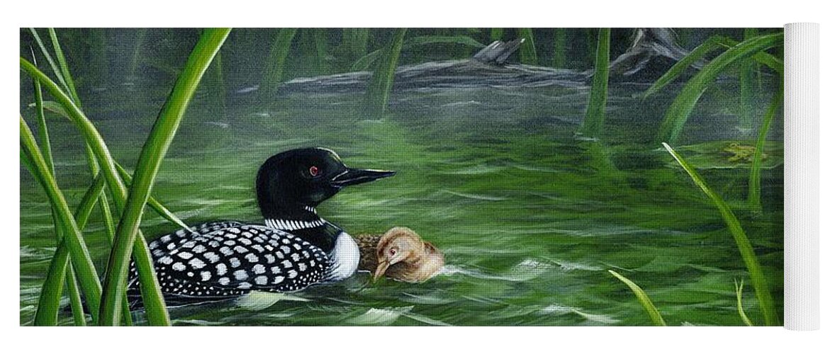 Loon Yoga Mat featuring the painting Loon mom protecting baby by Sharon Molinaro