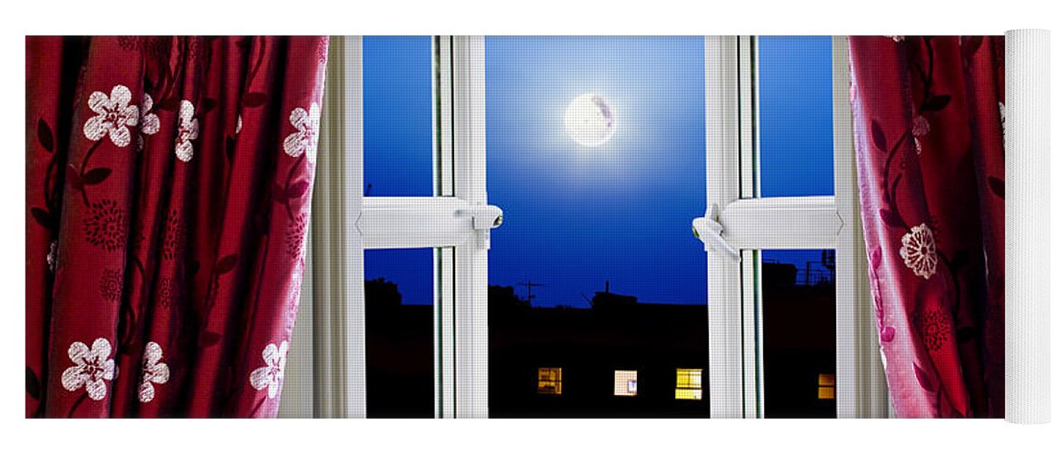 Night Yoga Mat featuring the photograph Open window at night by Simon Bratt