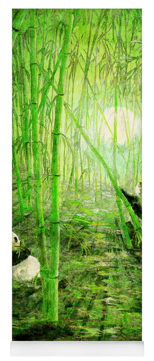 Fantasy Yoga Mat featuring the digital art Pandas in Springtime Bamboo by Laura Iverson