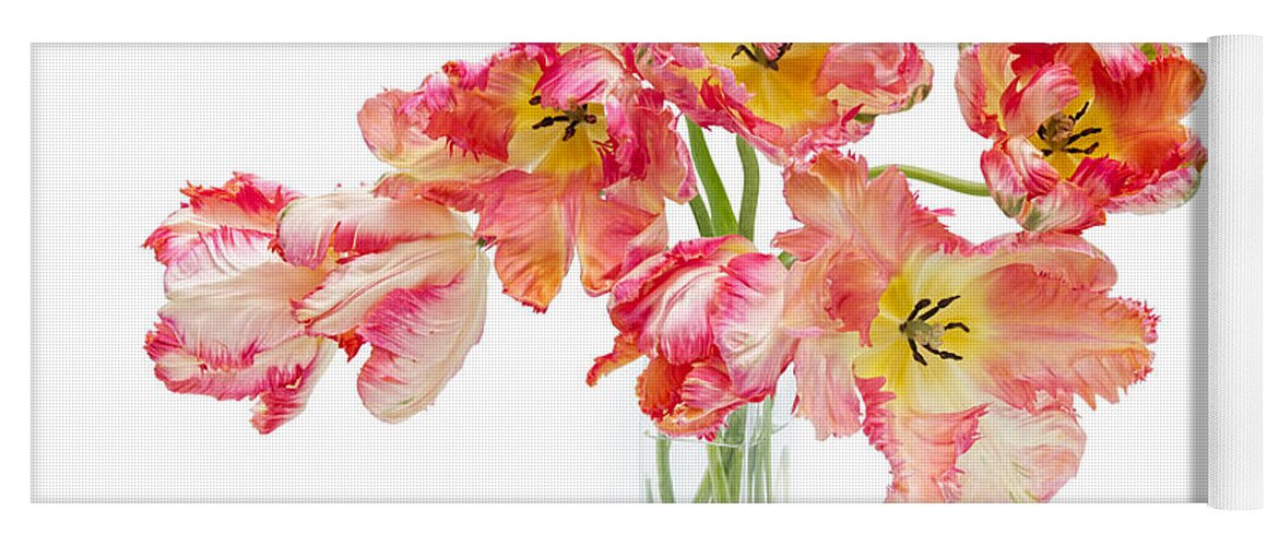 Tulip Yoga Mat featuring the photograph Parrot Tulips in a Glass Vase by Ann Garrett