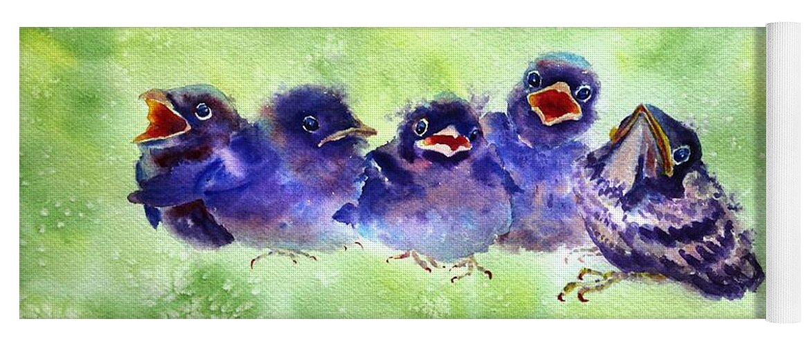 Baby Birds Yoga Mat featuring the painting Party of Five by Ruth Kamenev