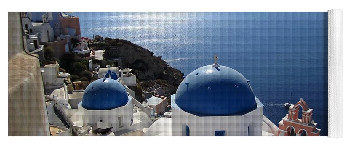 Santorini Yoga Mat featuring the photograph Santorini Blue Domes Greek Isle Greece by John Shiron